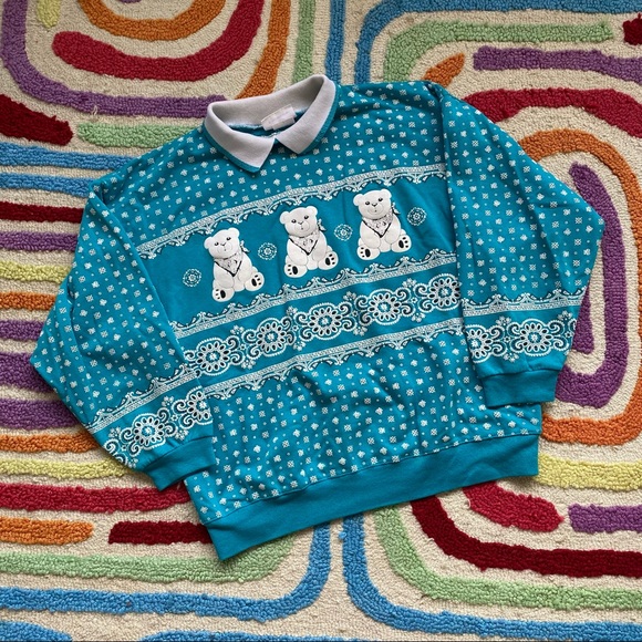 Vintage Tops - VTG Spumoni by Franko Bandana Teddy Bear All Over Print Collared Sweatshirt